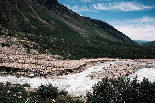 Tranquil light-blue river flowing along a lush summer mountain valley. Jilusu River, Kyrgyzstan