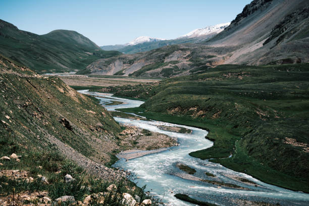 Gorgeous light-blue river meandering through a summer mountain landscape. Jilusu River, Kyrgyzstan