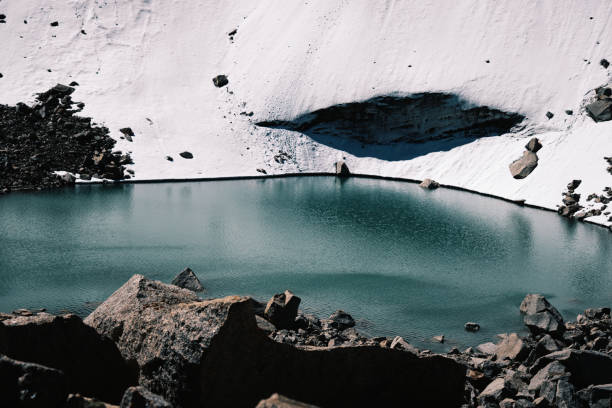 Tiny glacier lakes on top of snowcapped mountain pass. Tosor Pass, Kyrgyzstan