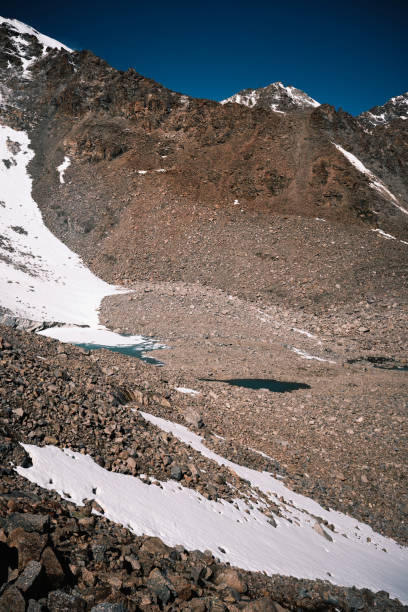 istock Snowcapped mountain pass with tiny glacier lakes at the peak 2161829032