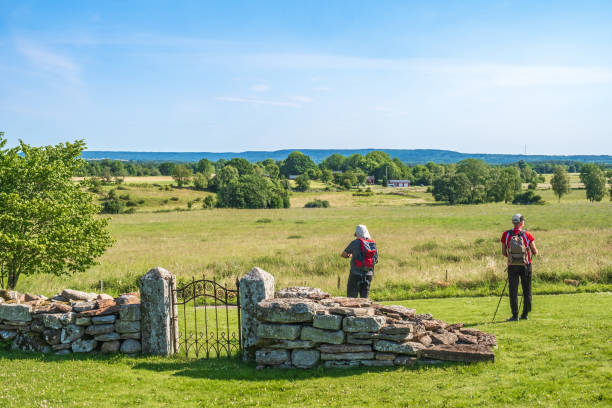 Falköping, Sweden-July, 2021: Hiker by an old iron gate in the countryside