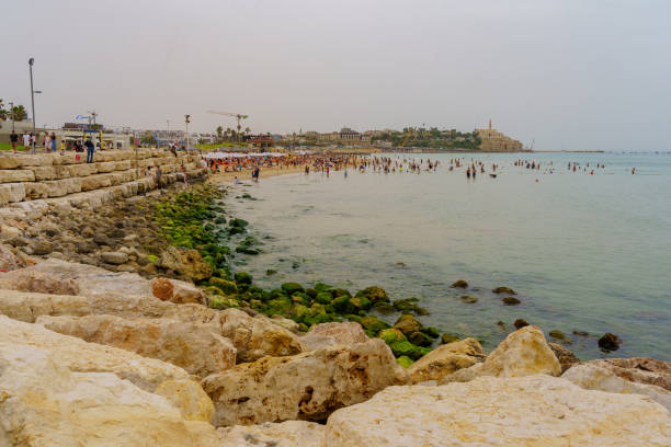 Tel-Aviv, Israel - May 10, 2024: Beach scene on a hot spring day, with visitors and old Jaffa in the background, Tel-Aviv, Israel