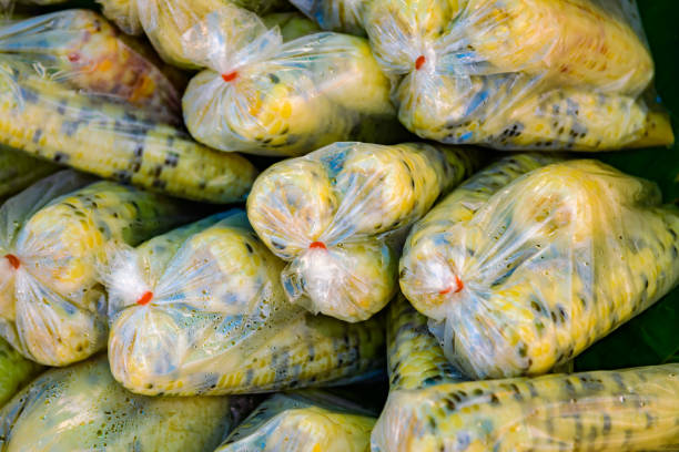 Boiled corns are packed in plastic bags on a food stall in a Thai flea market. Boiled corn, this type of food is both a main meal and a snack that Thai people in rural like to eat.