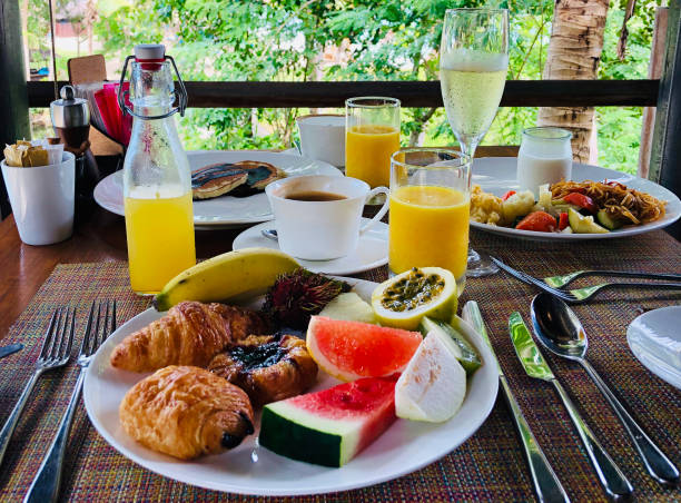 istock Tropical breakfast on a table in Seychelles 2161849011