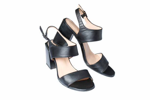 istock Black leather heeled sandals 2161860778