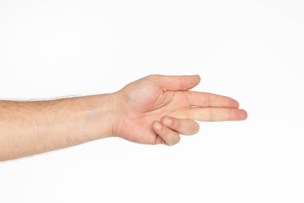 istock Male hand with two fingers extended, background is white 2161861328