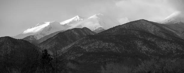Bulgaria Pirin peaks mountain banner, bw