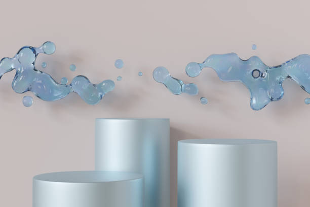 istock Elegant 3D rendering of light blue podiums complemented by a dynamic water splash, creating a serene yet engaging backdrop perfect for product presentations. Stage, display, showcase. Copy space. 2161867025