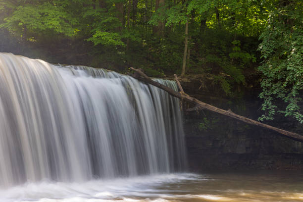 A peaceful waterfall flowing over rocky terrain surrounded by lush greenery, evoking serenity and natural beauty. The long exposure highlights the silky texture of the water amidst the rugged backdrop.