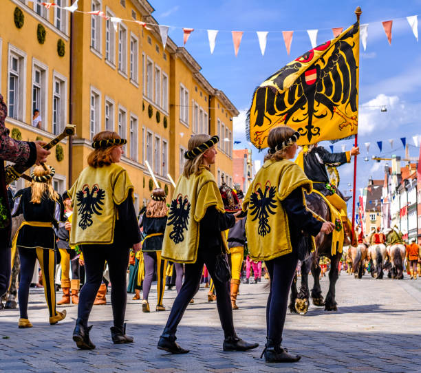 Landshut, Germany - July 23: Participants in historical costumes at the medieval parade (Landshuter Hochzeit) at the old town of Landshut on July 23, 2023