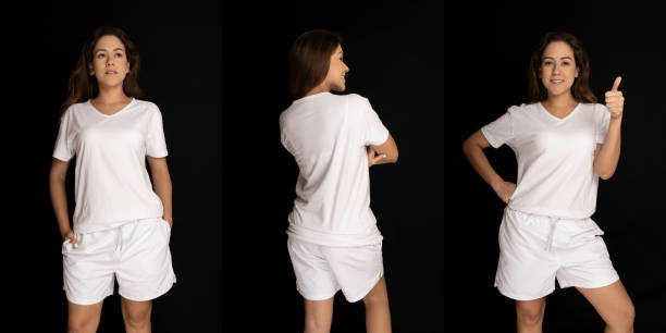 istock Young Latina modeling flannel and white shorts. black background. different angles. clothes to place design. Clothing model 2161870207