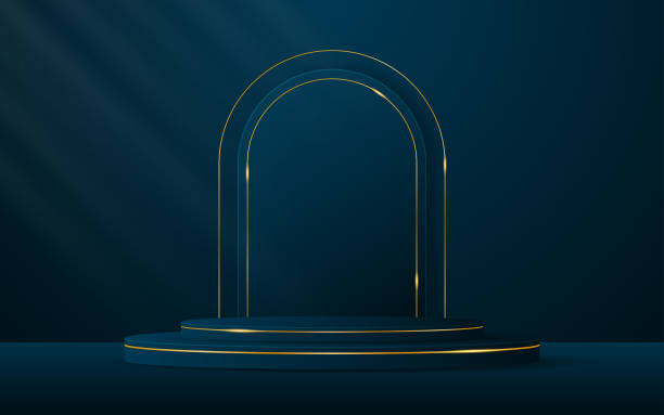 istock Blue podium with blue curved border and gold lines on the back for product presentation. 2161872050