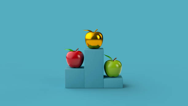 Gold, red, and green, first, second, and third place apples on risers. Winning, achievement, teacher, student concept. 3d illustration render.