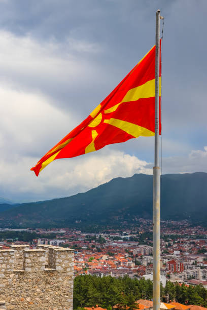 istock Flag of North Macedonia against blue sky 2161877773