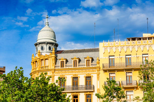 Old building facade in Valencia downtown. Spain