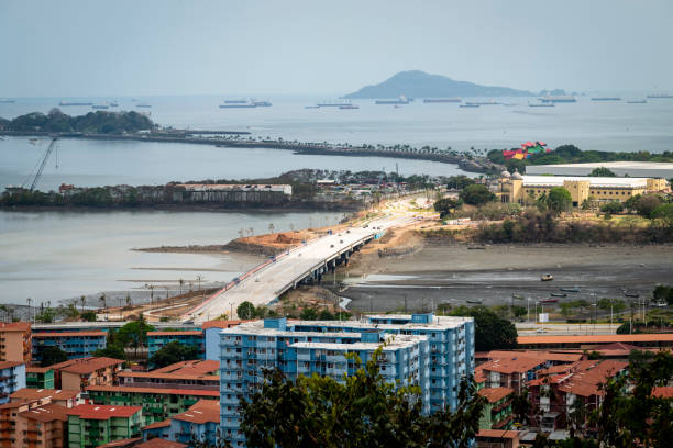 View of social housing and the Amador Causeway from Ancon Hill, Panama City, Panama, Central America