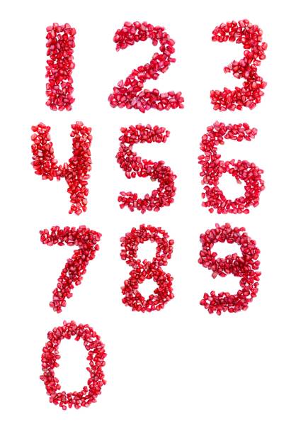 istock 1, 2, 3, 4, 5, 6, 7, 8, 9, 0 Number Written with Pomegranate Fruit Seeds on White Background 2161903760