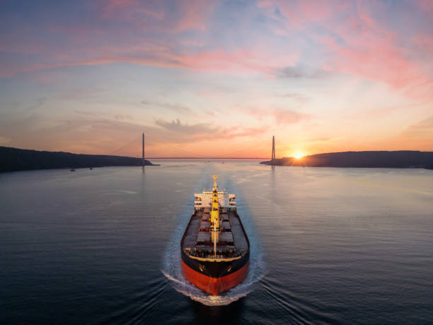 Aerial view of cargo ship and bosphorus Istanbul.