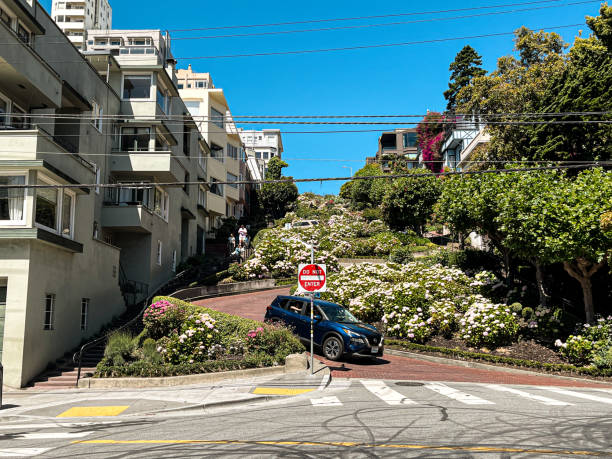 Steep Lombard Street in San Francisco. Cars parked at  acute angle on the streets. Hot and sunny day with no clouds. California houses and lush foliage.