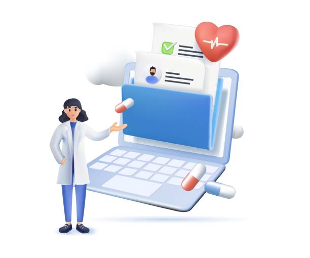 Electronic health record and online medical services illustration 3d style set. Doctor in hospital reading patient EMRs Electronic health record and online medical services illustration 3d style set. Doctor in hospital reading patient EMRs. Patients having online consultations with medical specialists. Vector 3D cartoon of medical records stock illustrations