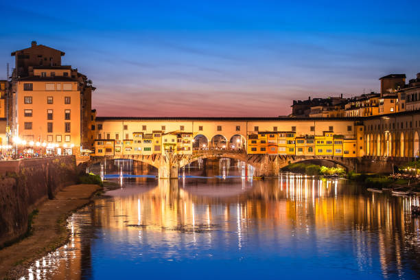 Florence, Ponte Vecchio arch bridge at twilight from Piazzale Michelangelo (Tuscany, Italy)