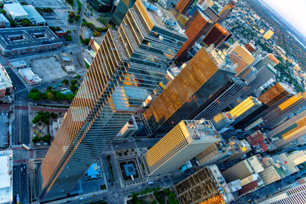 Beautiful downtown Dallas, Texas shot via helicopter from an altitude of about 800 feet at dusk on an early spring evening.