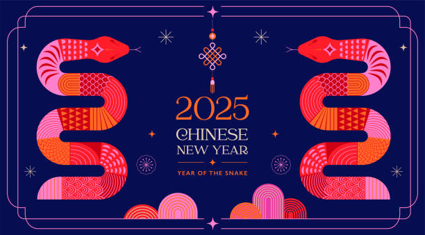 kuvapankkikuvitukset aiheesta chinese new year 2025 year of the snake. red snake illustration and design. red traditional chinese vector designs with snakes. lunar new year concept, geometric modern design - lunar-new-year