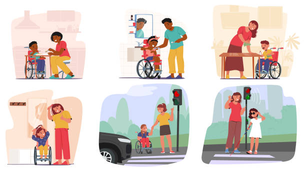 Children With Disabilities Engaging In Various Self-care Activities With Help Of Adults. Vector Inclusive Scenes Children With Disabilities Engaging In Various Self-care Activities With Help Of Adults. Vector Scenes Highlight Inclusive Education, Support, And Skill Development, Independence, Care And Empowerment help blind people stock illustrations
