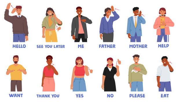 Diverse People Characters Demonstrating Basic Sign Language, Including Phrases Like Hello, Thank You, Help, See You Diverse People Characters Demonstrating Basic Sign Language, Including Phrases Like Hello, Thank You, Help, See You Later, Yes Or No, Me, Father, Mother. Inclusive Communication Cartoon Vector Concept please sign here stock illustrations