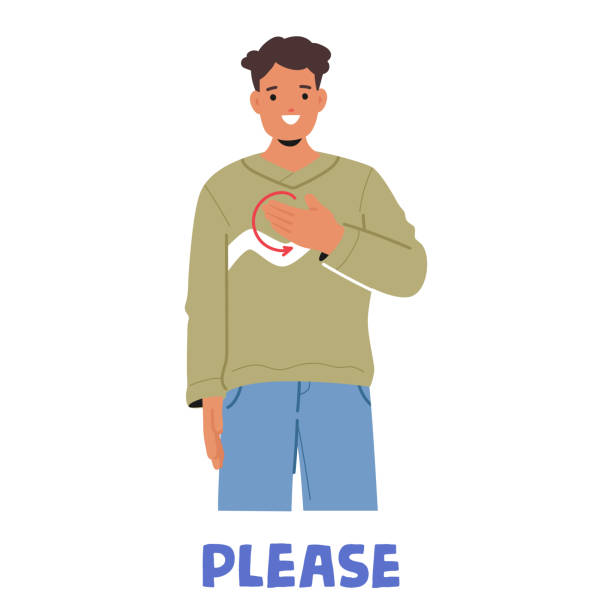 Smiling Man Showing The Word Please In Sign Language. Vector Image For Educational Content, Promoting Communication Smiling Man Showing The Word Please In Sign Language. Vector Image For Educational Content, Promoting Communication And Inclusivity, Teaching Sign Language To Children And Adults please sign here stock illustrations