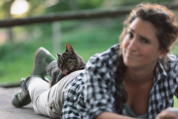 istock Cat grooms on woman's back, feeling safe 2161929743