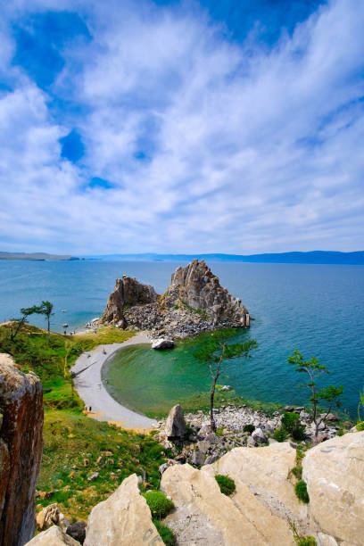 Cove on Lake Baikal with a curved beach, rocky cliffs, and clear blue water under a partly cloudy sky