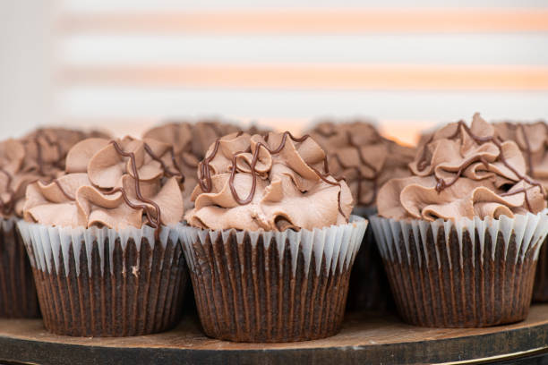 istock Chocolate cupcakes with chocolate frosting and chocolate swirls lined up 2161937068