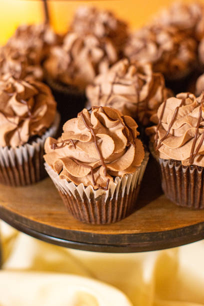 istock Chocolate cupcakes with chocolate frosting and chocolate swirls lined up 2161937083
