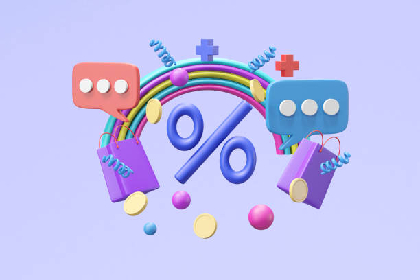 istock A lively 3D render showcasing a festive shopping experience with floating elements of a rainbow arch, archway, discount percentage tag, shopping bag, speech bubble, and coins. 2161937162