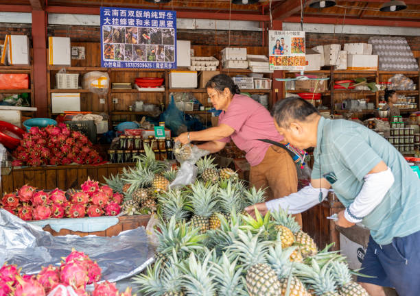 On July 14, 2024, in Xishuangbanna Prefecture, Yunnan Province, China, local farmers sold their agricultural and sideline products at designated locations. The goods were diverse, including organic fruits, vegetables, pickled foods, etc.