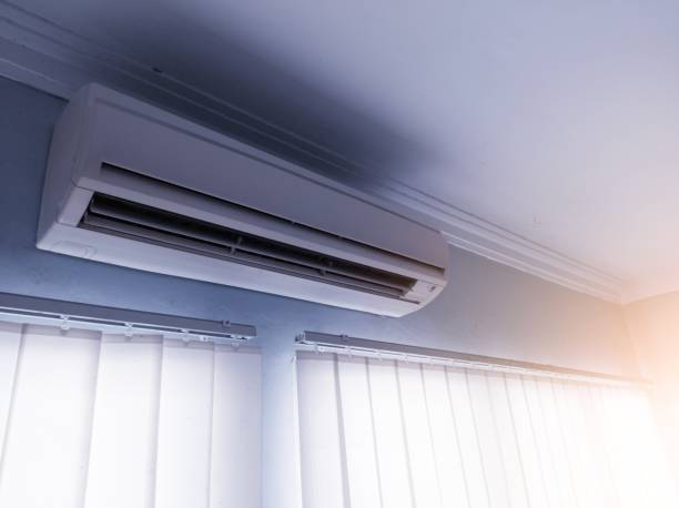 istock Office interior with air conditioning and glass window curtains. 2161942681