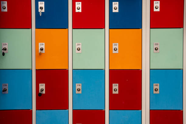 istock Locker cabinet. Rows of closed lockers with numbered locks. Doors in different colors. Frontal view 2161946451