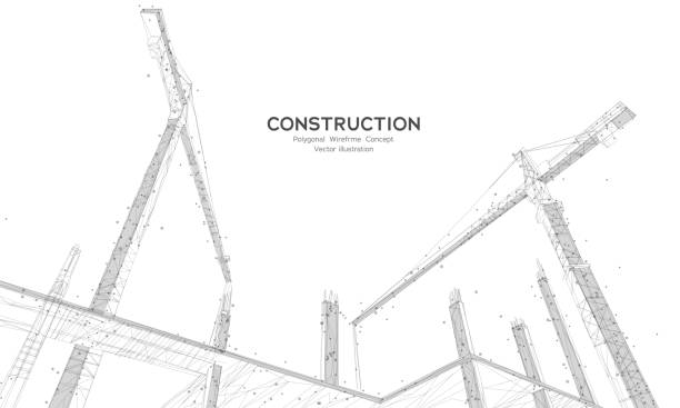 illustrations, cliparts, dessins animés et icônes de chantier de construction avec équipement de construction isolé sur fond blanc. concept abstrait de construction polygonale filaire. illustration de croquis vectoriel - chantier de construction