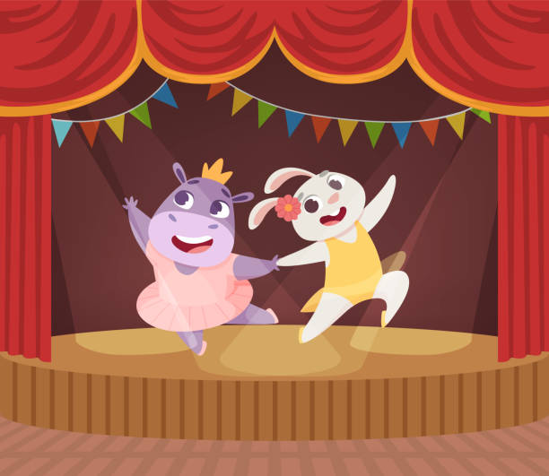 istock animals dancers. cartoon rabbit and hippo ballerina dancers on scene 2161954761