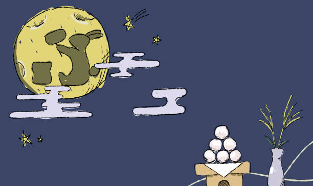 istock Illustration of background of starry sky, with rabbit pounding rice cakes. Hand drawing touch of pen drawing  style. Rabbit's shadow in the moon. 2161959842