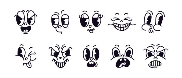 Expressive vintage cartoon character faces icons set Expressive vintage cartoon character faces thin line vector icons set on white background. Facial emotions retro graphic constructor elements female tongue cartoons stock illustrations
