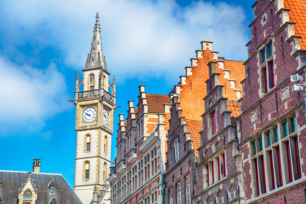52-metre clock tower of historic Post Office building square in Ghent, Belgium