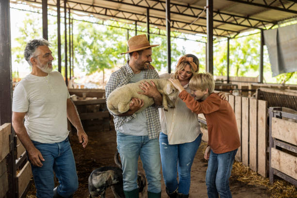 istock Happy Family Interacting with Lamb on Farm 2161960831