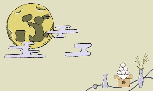 istock Beige background illustration of moon viewing, with moon viewing dumplings. Hand drawing touch of pen drawing  style. Rabbit's shadow in the moon. 2161961121