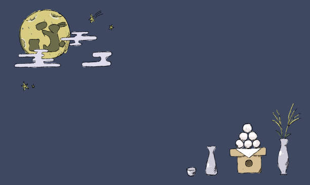 istock Illustration of background of starry sky, with rabbit pounding rice cakes. Hand drawing touch of pen drawing  style. Rabbit's shadow in the moon. 2161961748