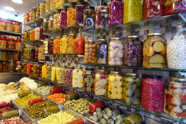 istock Pickle varieties in jars at the pickle shop 2161962984