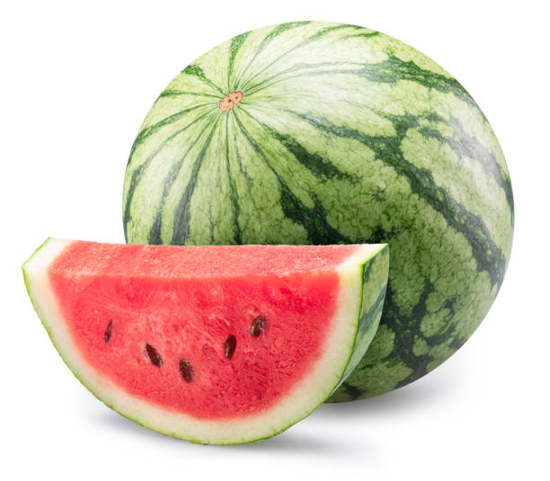istock Round striped watermelon and watermelon slice isolated on white background. Clipping path. 2161970400