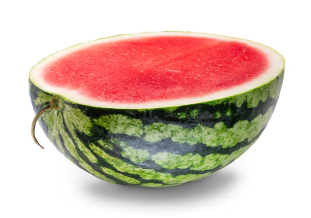 istock Round striped watermelon cut in half isolated on white background. Clipping path. 2161970419