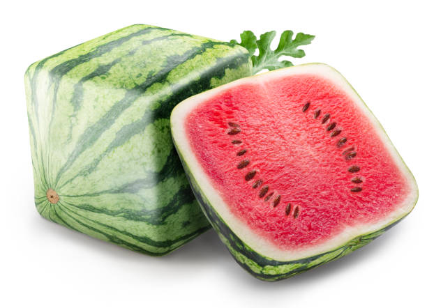 istock Square or cube striped watermelon and half of watermelon isolated on white background. Clipping path. 2161970425
